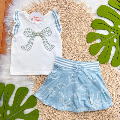 Conj. Regata com Laço Perolado e Short Saia - Verde Pastel e Off White